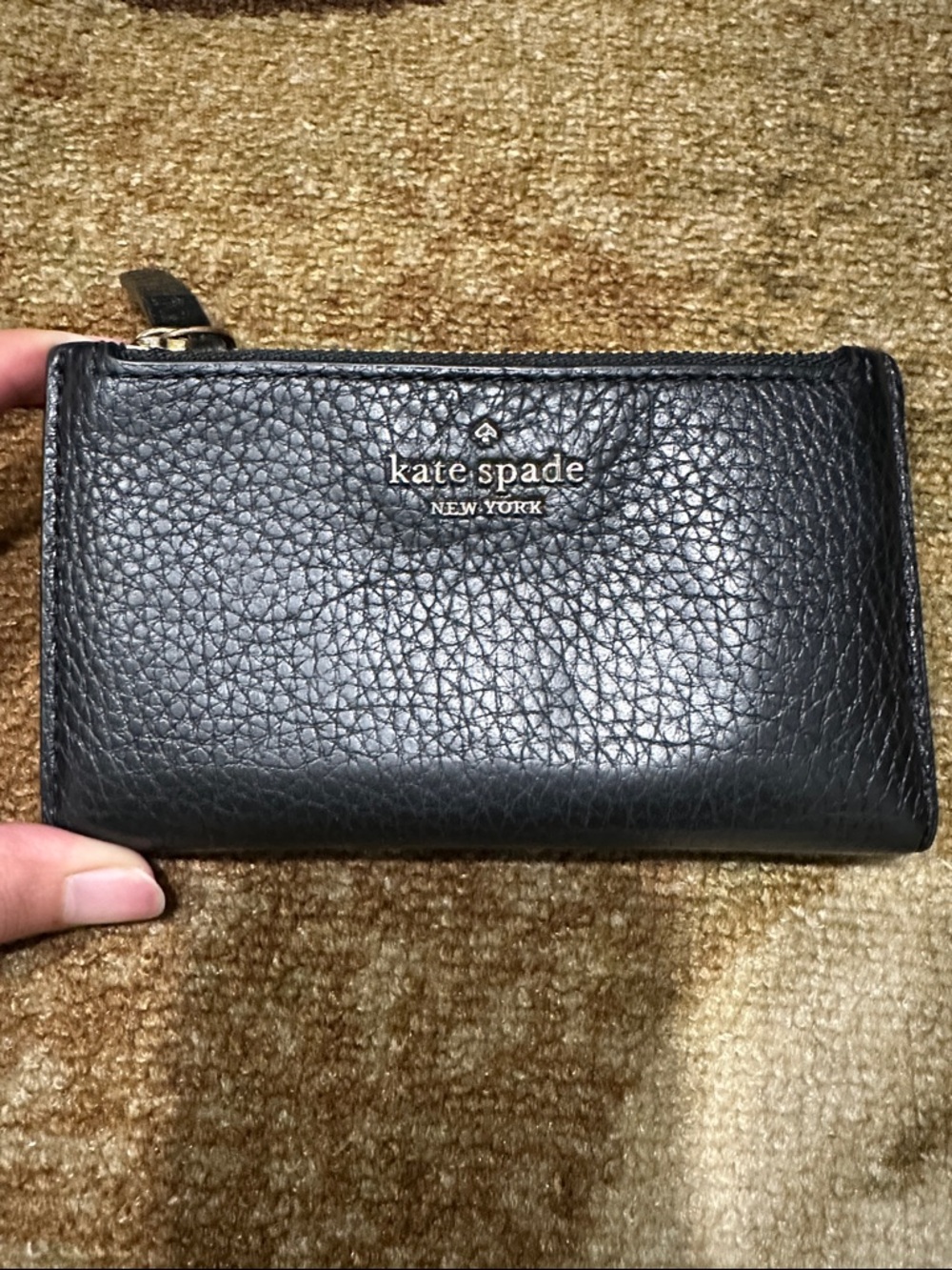 kate spade Black Pebbled Leather Zip Card Wallet with Gold Logo